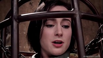 Brunette slave trainee Tifereth is locked in birds cage and tormented them master James Mogul makes her suck and fuck huge dick to gimp Owen Gray